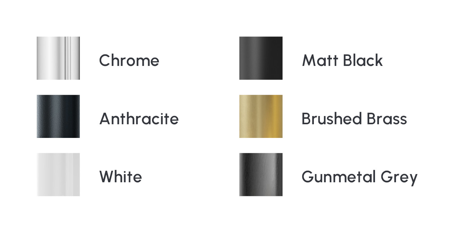 Colour swatches of towel rail options available