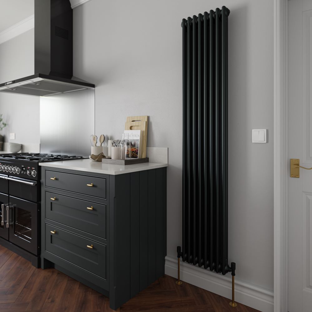 Black vertical column radiator in kitchen